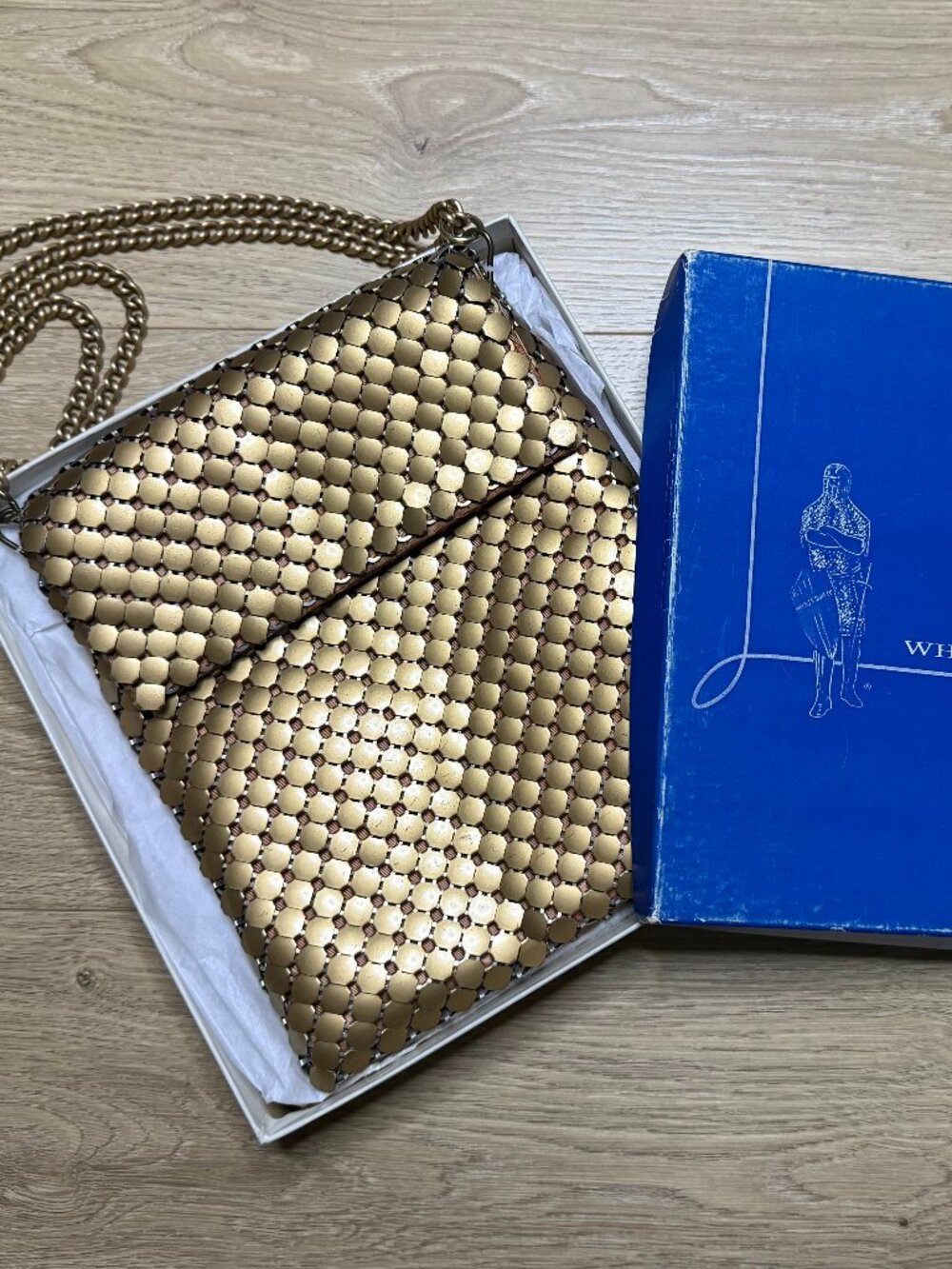 Vintage Whiting and Davis Gold Mesh Bag Copper Lining Double Chain + Box
